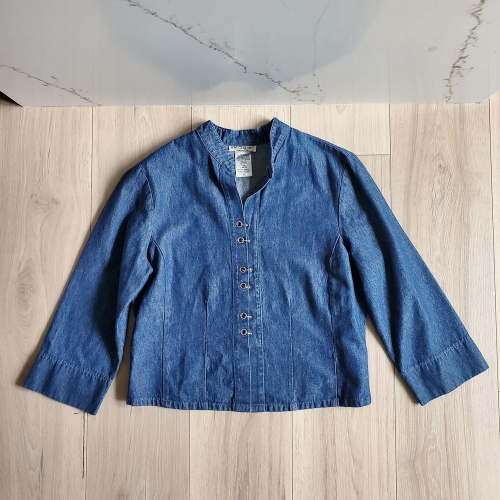 Lew Magram Jacket Womens 10 Blue Denim Band Collar Hook Eye Unlined Cotton L3878